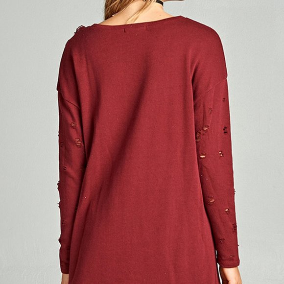 Burgundy Deep Red Distressed Ripped Sweater - Picture 3 of 4
